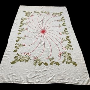Vintage Vera Neumann Tablecloth 99”X 56” Red Ribbon Greenery design